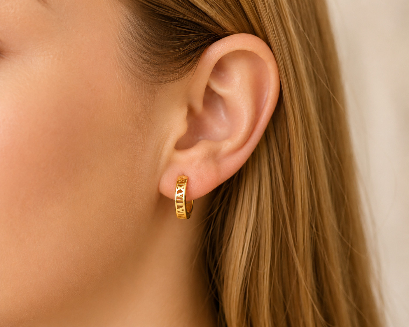 925 Sterling Silver Gold Plated Roman Numeral Huggie Hoop Earrings
