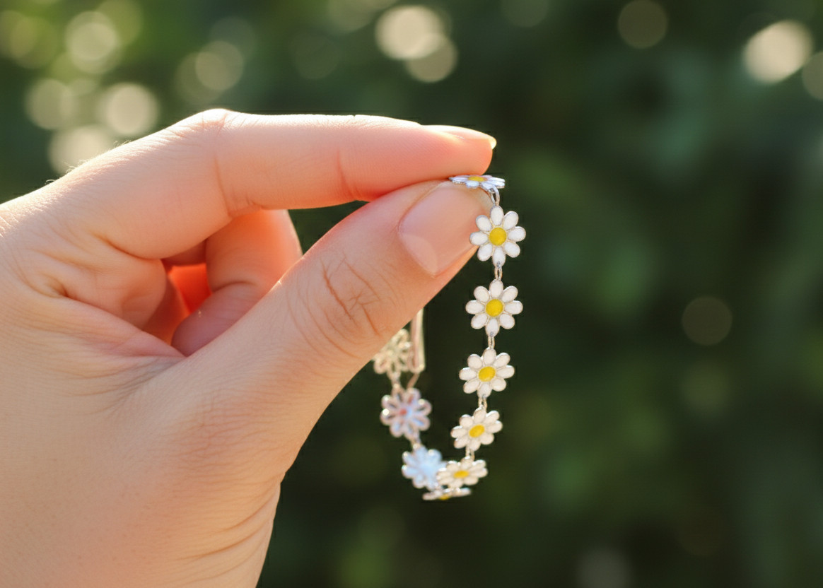 Boho Daisy Flower Charm Anklet Silver Plated Brass Chain White Floral Enamel
