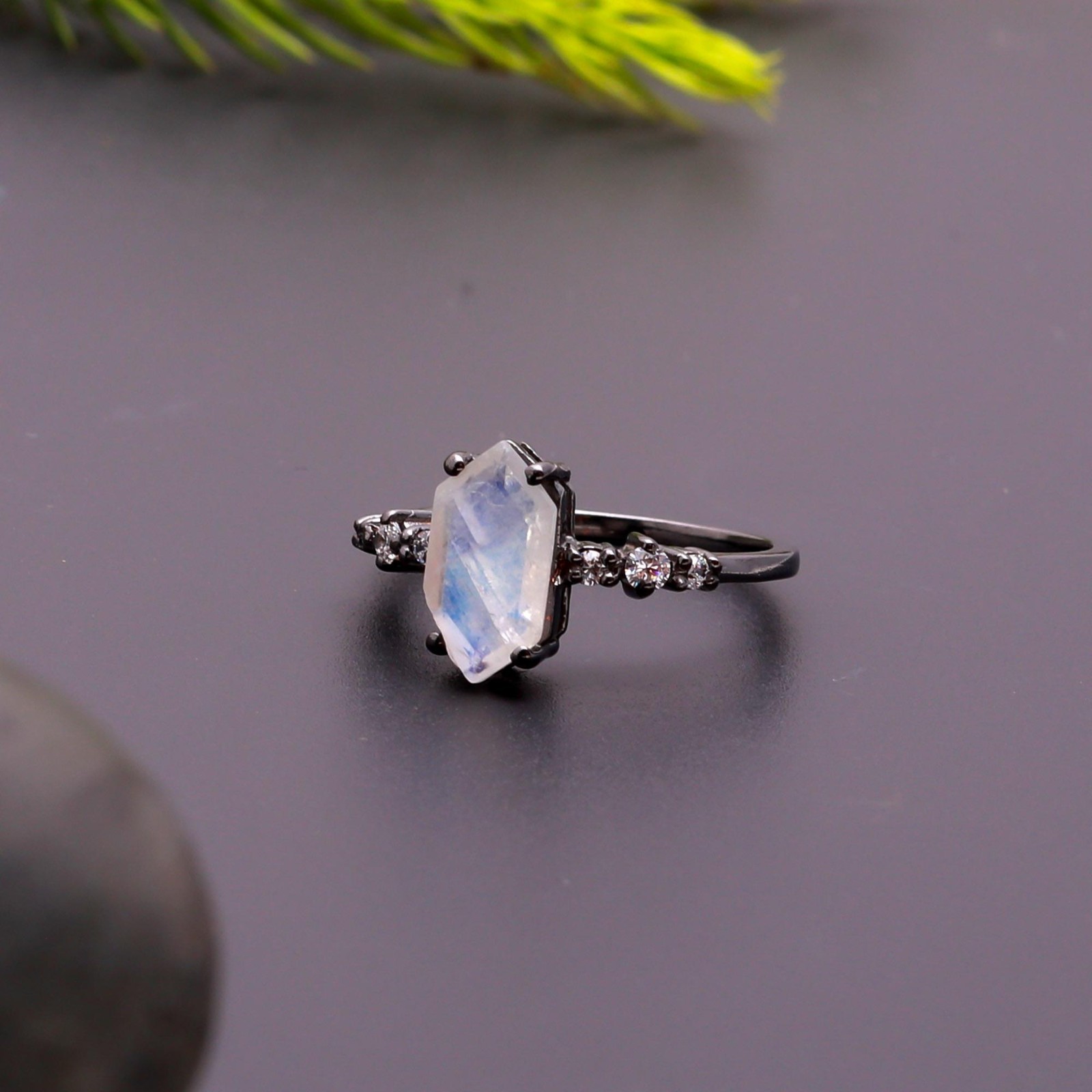 Natural Moonstone Hexagon Ring Black Oxidized 925 Sterling Silver Jewelry