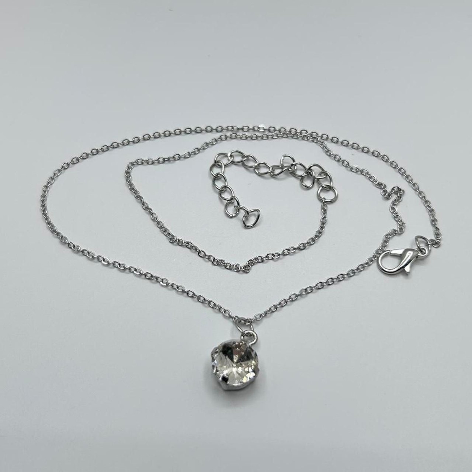 Silver Tone Glass Crystal Pendant Necklace Dainty Minimalist Elegant