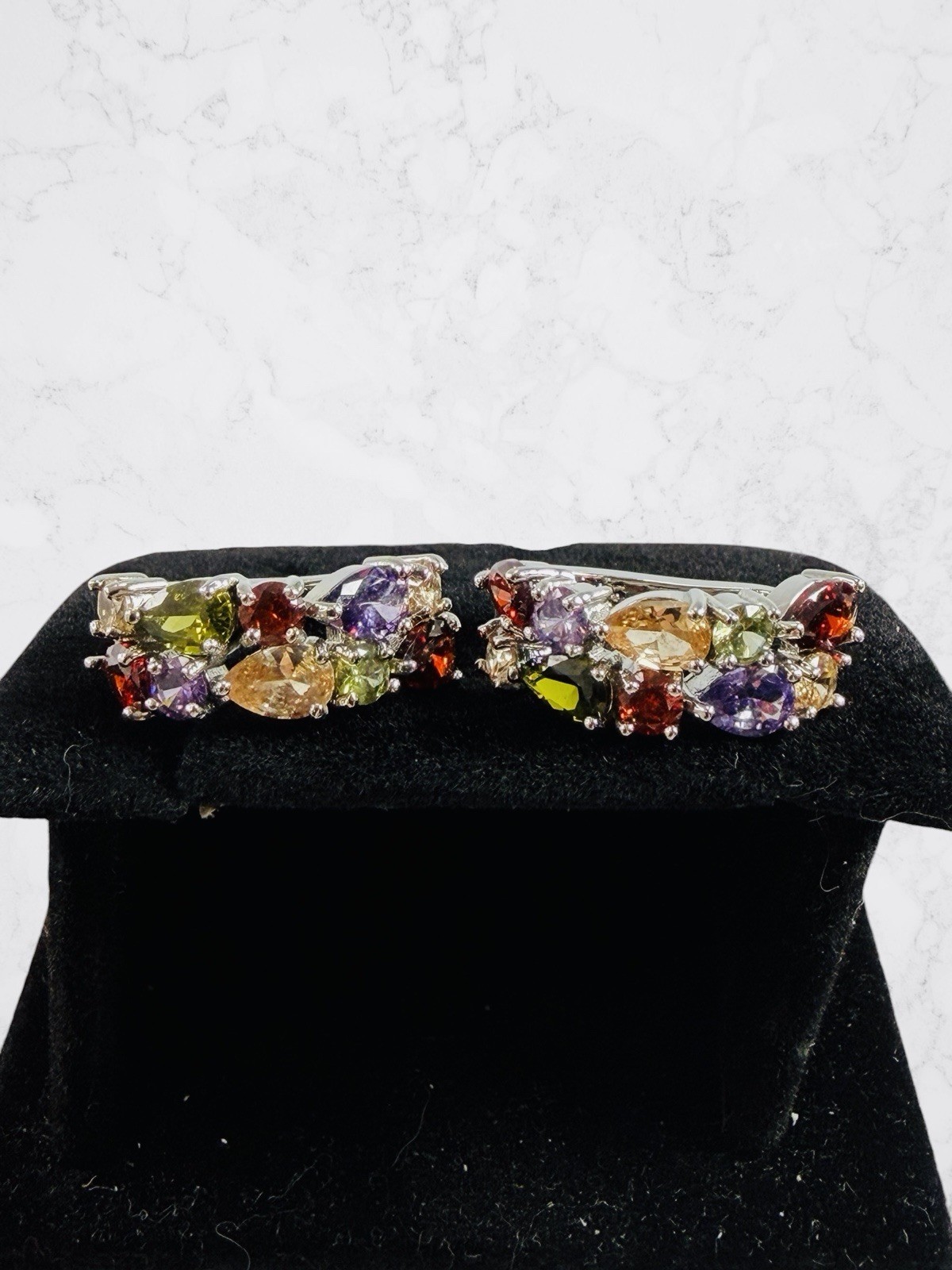 Sterling Silver 925 Multi Color Stone Stud Hinged Hoop Earrings Purple Red Green