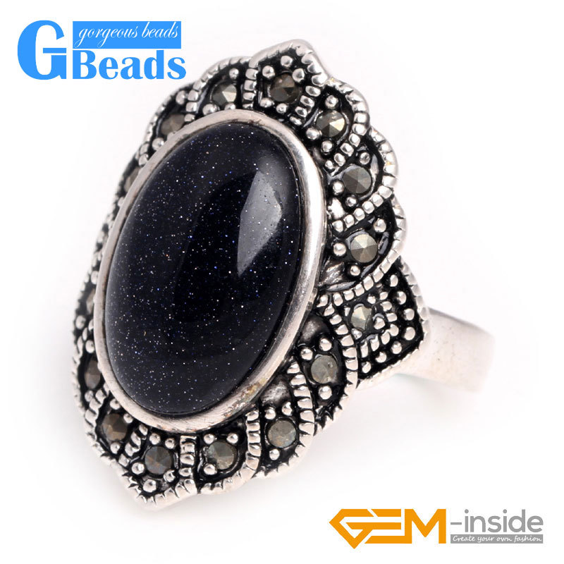 Jewelry Ring Oval Stone Sandstone Aventurine Tibetan Silver Marcasite 10x16mm