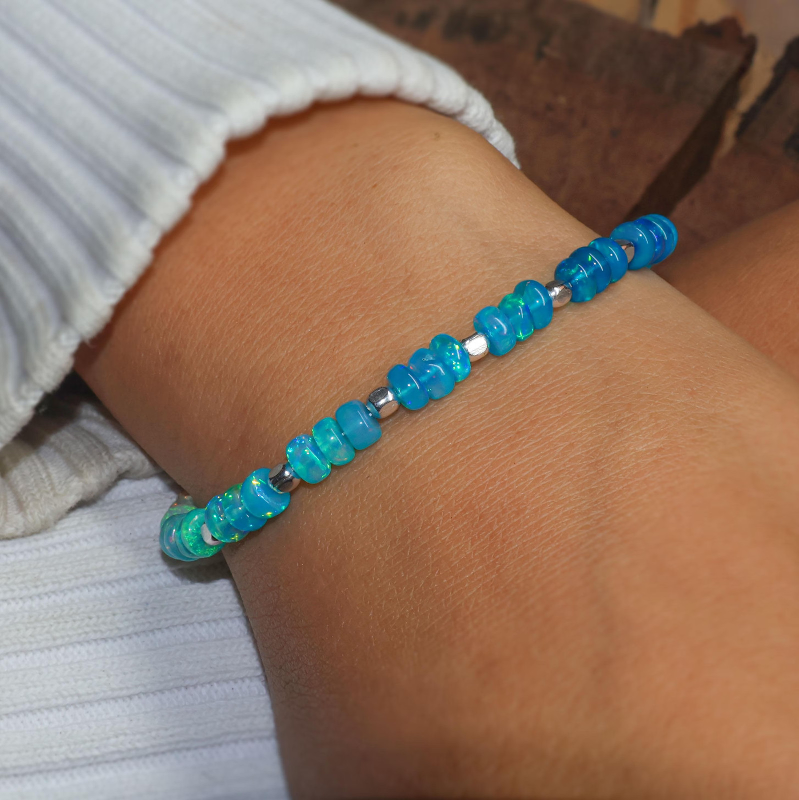 Genuine Paraiba Opal Dainty Bracelet, Natural Fire Opal Three Beads Bracelet