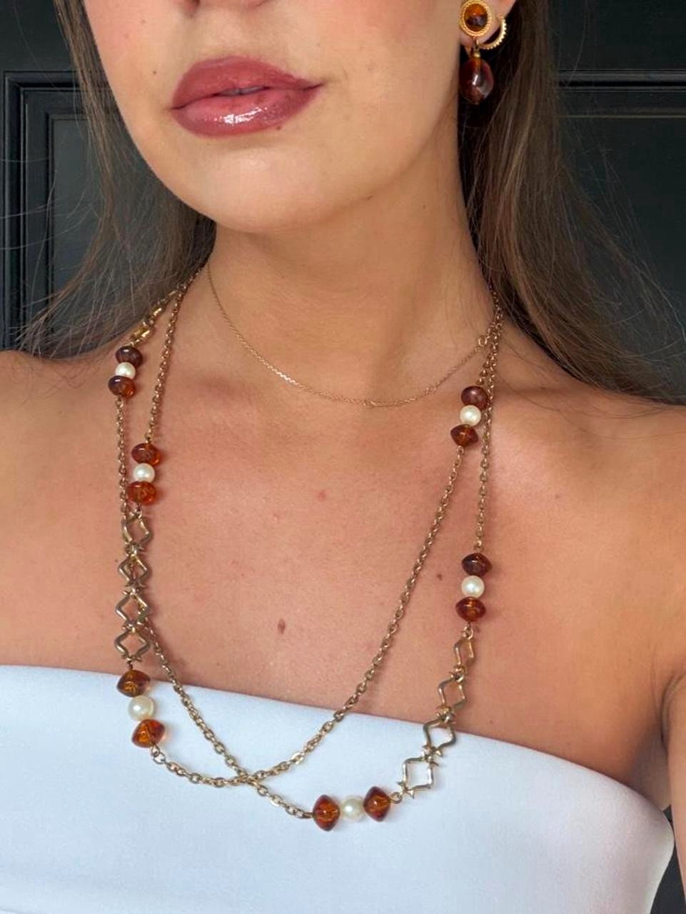Trifari Signed Gold Tone Brown Glass Teardrop Dangle Necklace & Earrings Set