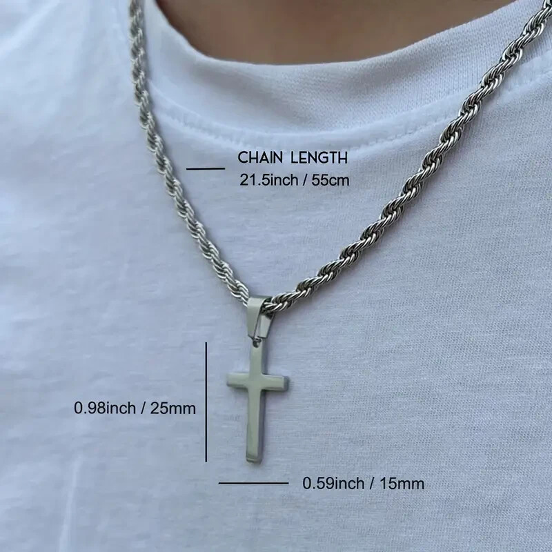 Men Stainless Steel Cross Pendant Necklace Hip Hop Simple Chain Silvery Gift New
