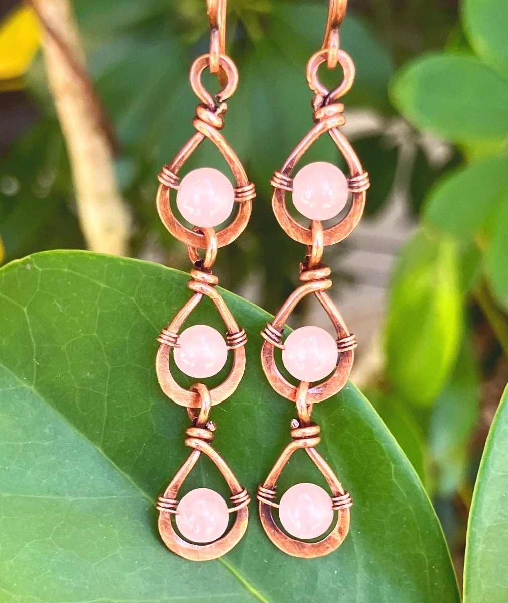 Wire Wrapped Teardrop Dangle Earrings Boho Pink Stones Rose Quartz Long Copper