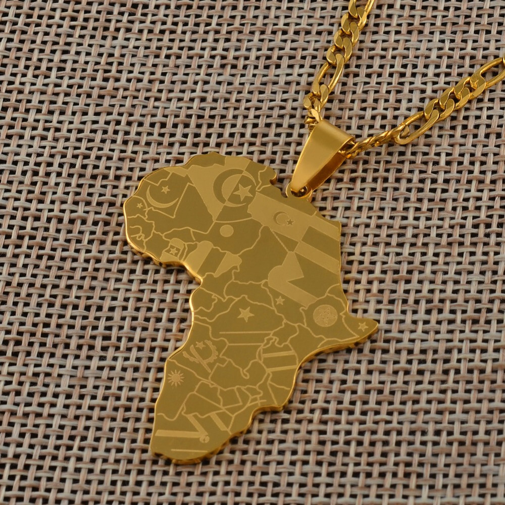 Africa Continent Map African Country Pendant Necklace Chain Gold Afro Women Men