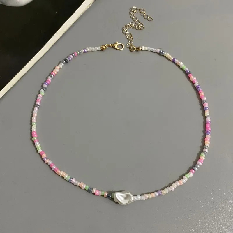 Fashion Boho Beads Necklace Women Imitation Pearl Seed Beaded Strand Short Choke