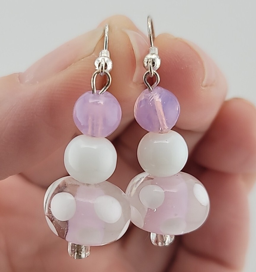 Pretty Pale Pink White Polka Dot Glass Bead Dangle Pierced Earrings
