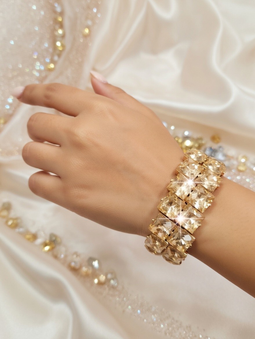 Topaz Gold Rhinestone Stretch Bracelet Statement Drag Pageant Prom Bridal