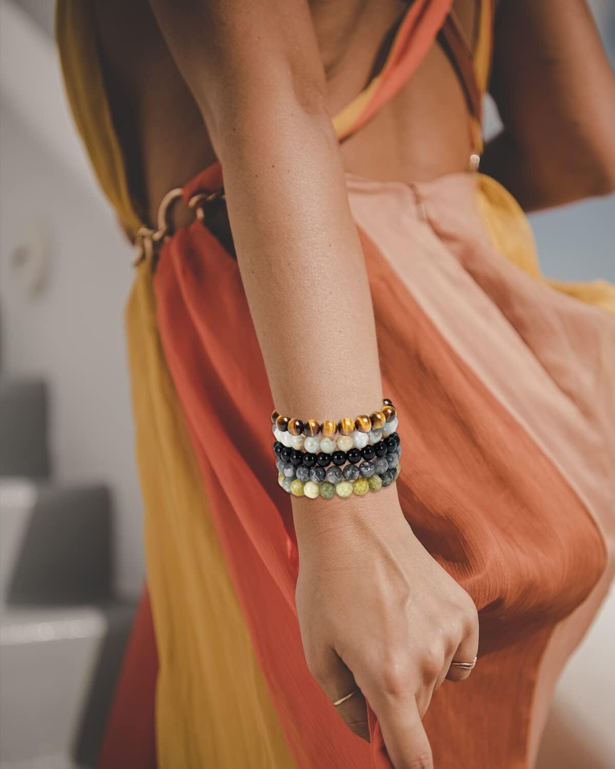 Semi-Precious Gem Bracelet Round Beaded Stretch Bracelets Stress Relief Bangle
