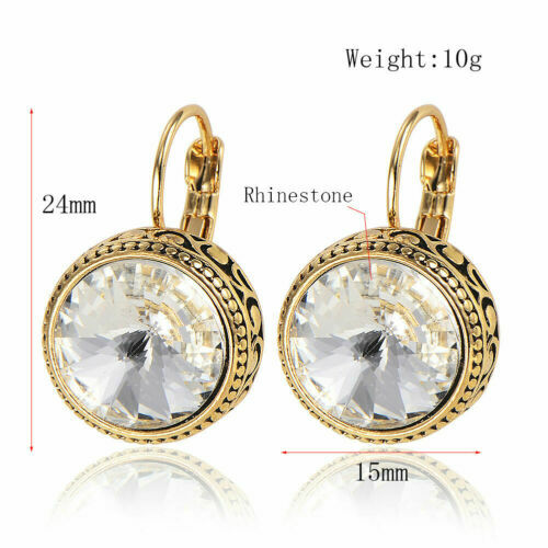 Great New Yellow Gold Plated 15mm Clear Round Crystal Leverback Dangle Earrings