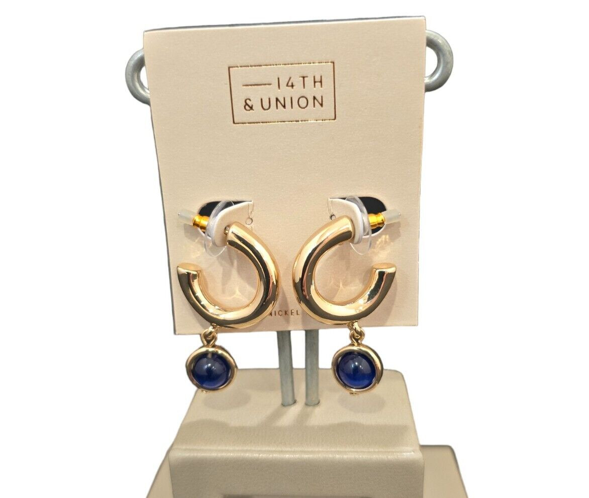 14th & Union Women’s Gold Plated Blue Dangle Hoop Earrings NWT