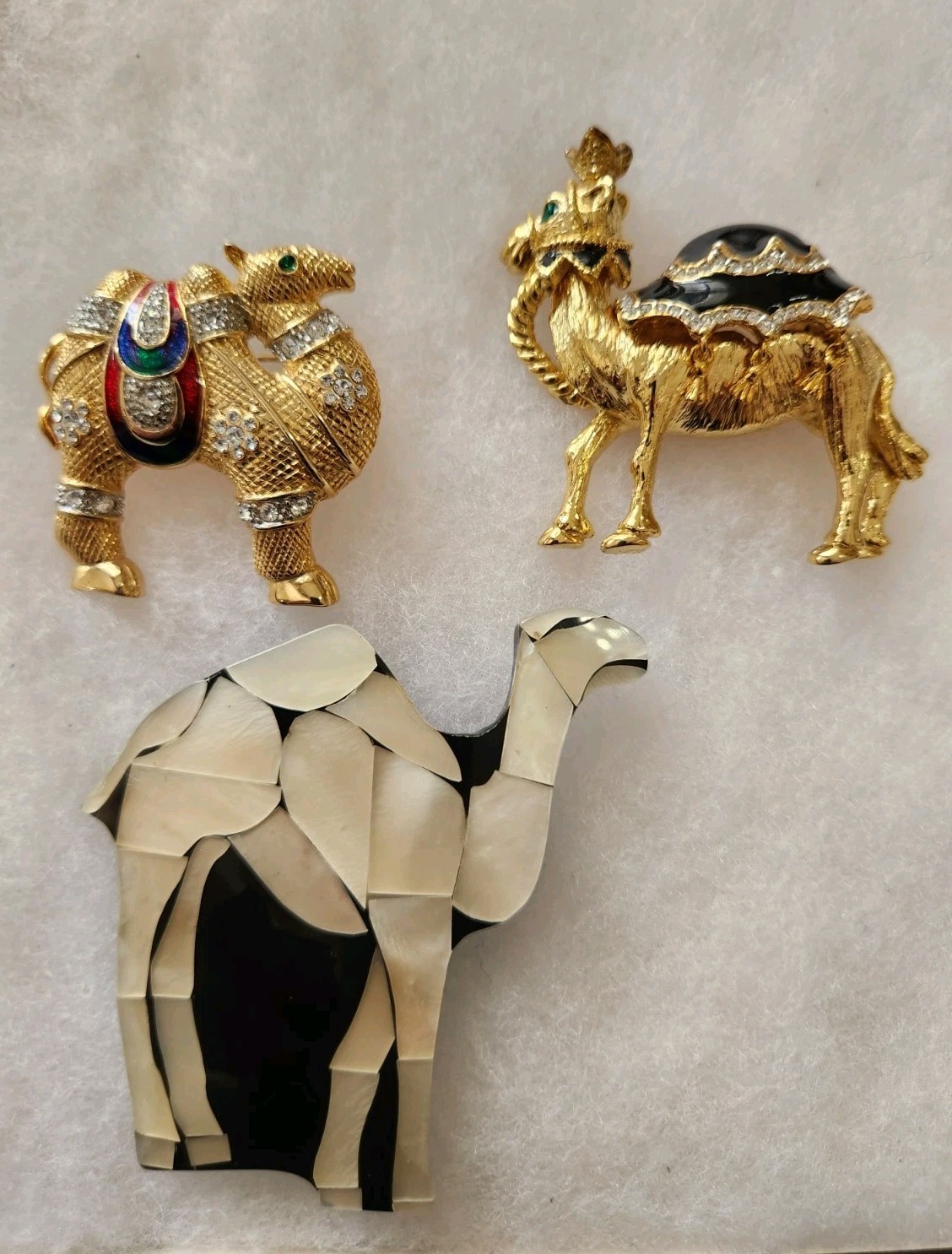 3 Camel Brooch Pins Gold tone Enamel Rhinestones Mother Of Pearl