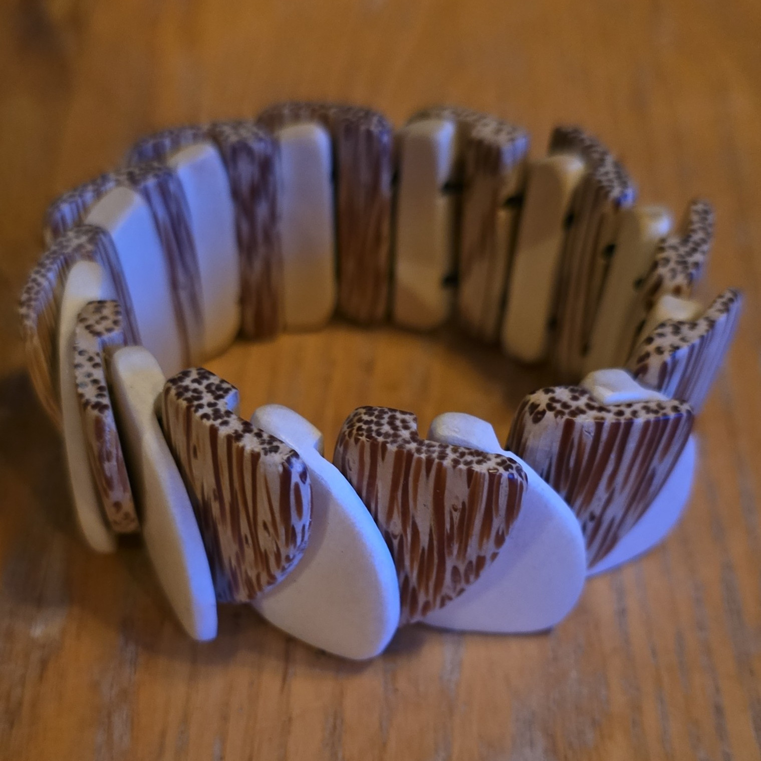 Wooden Brown & White Stretch Beaded Bracelet No Clasp Bohemian Rectangle Beads