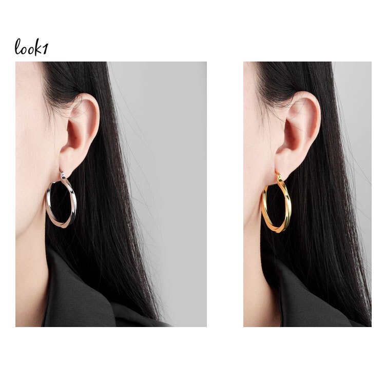 Women Silver Gold Overlay Twist Click-Top Huggie Hoop Earrings 38mm Gift PE