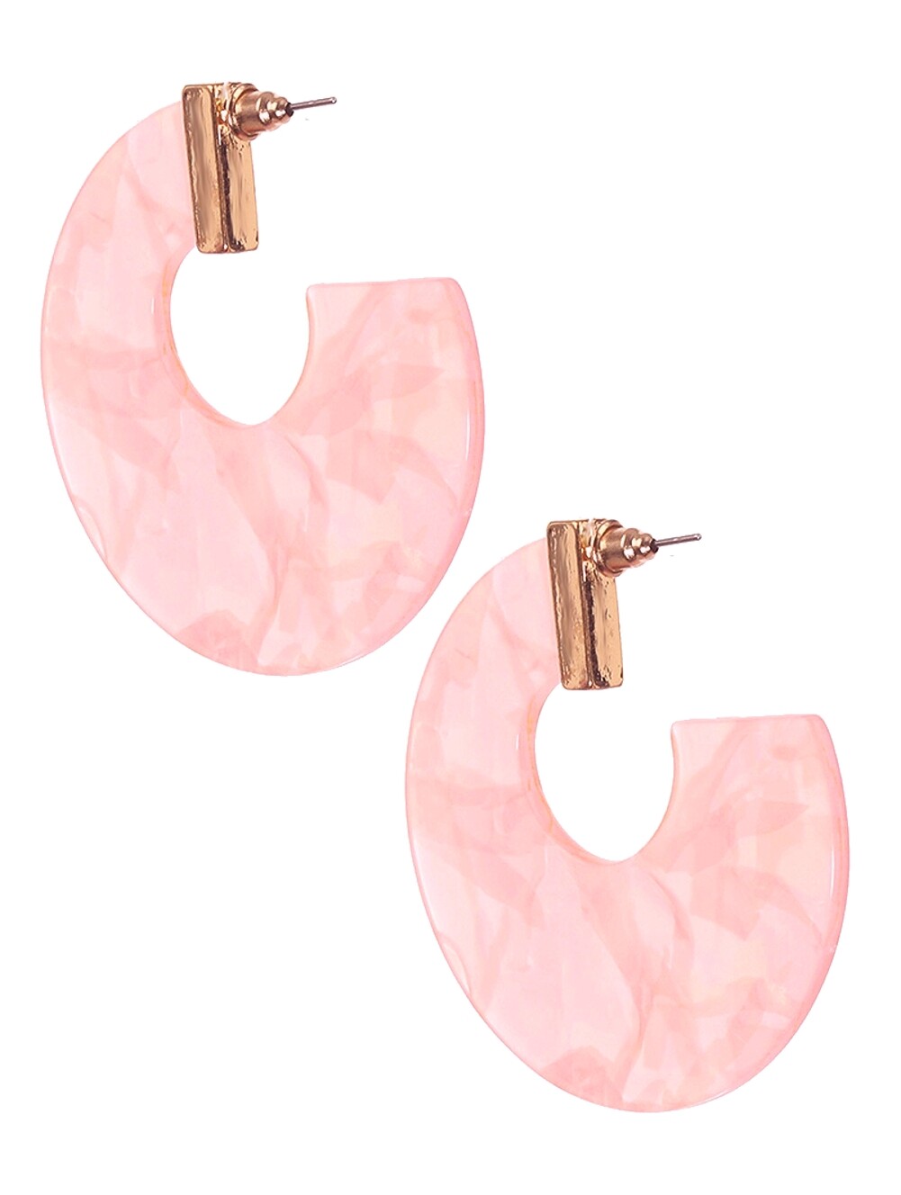 Translucent Light Pink Hoop Earrings Gold-Tone Accents Disk Style 1 7/8 Inches