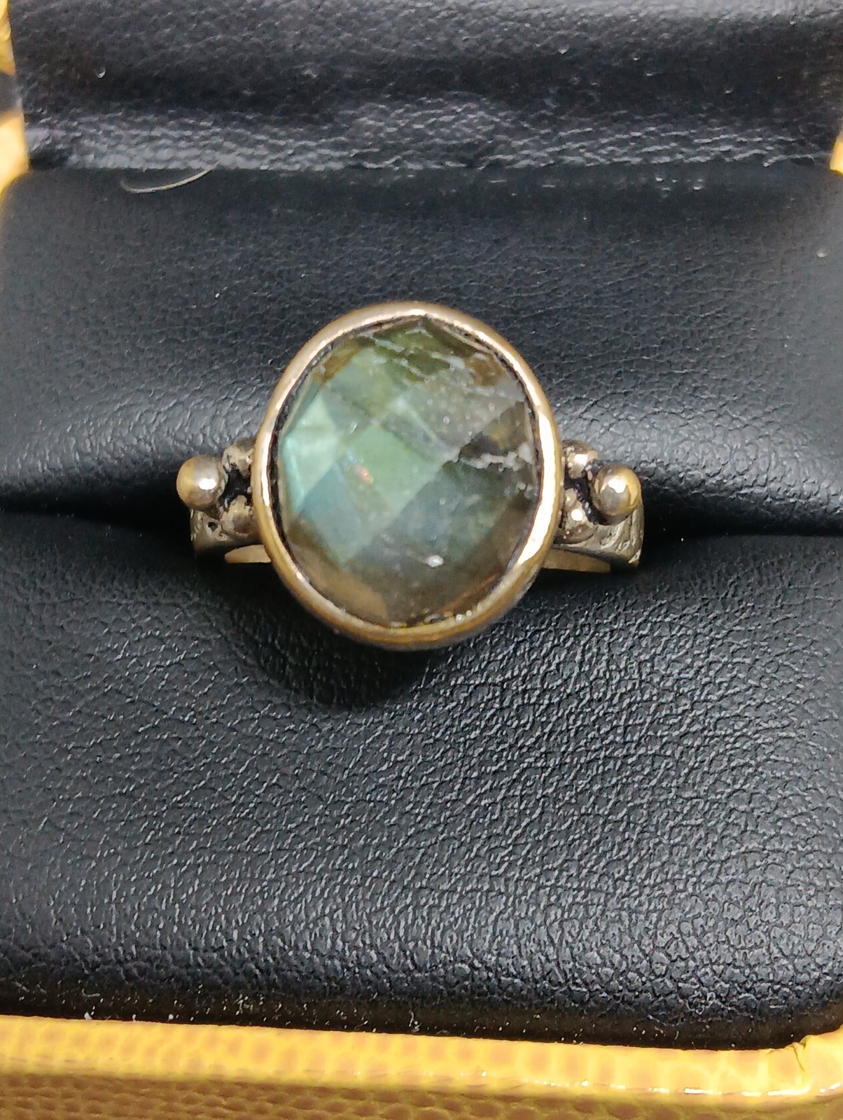 Artisan Labradorite Ring Silver Plated Brass Textured Boho Statement Sz 8