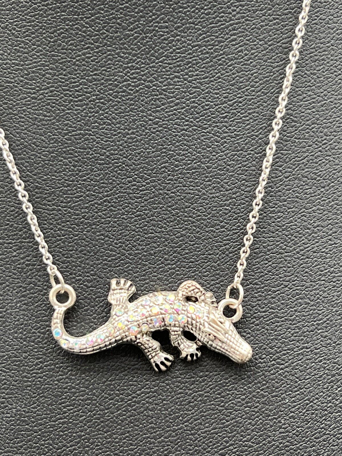 Adult Jewels Silver Tone Necklace Rhinestone Alligator Pendant 15-18”