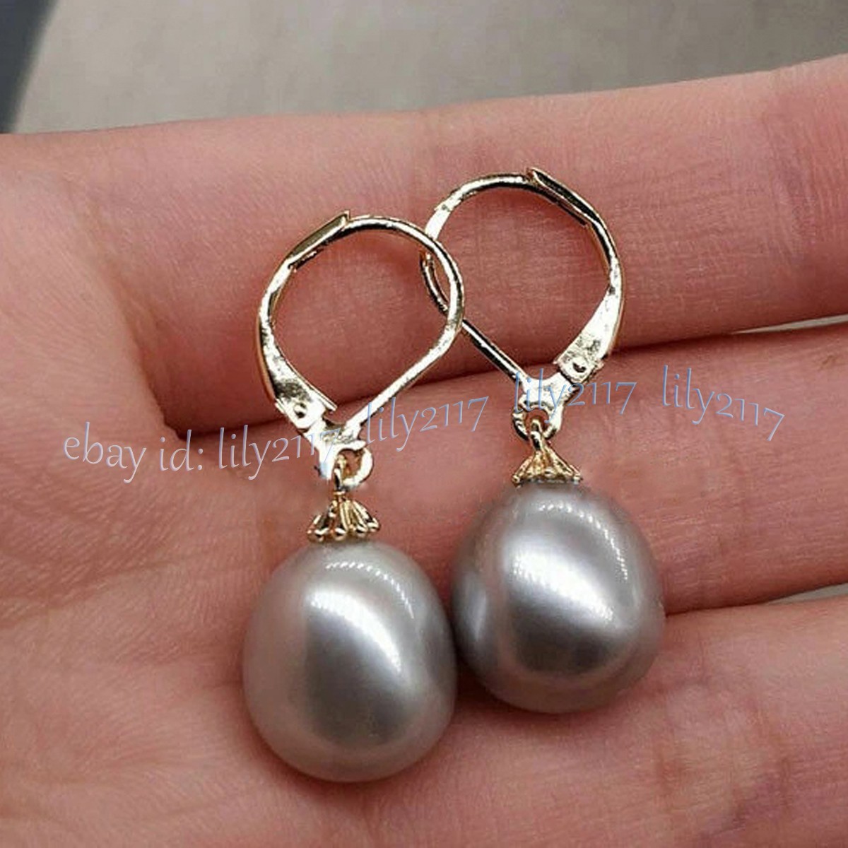 AAA 9-10mm Genuine Natural Gray South Sea Pearl Dangle Earrings 14K Yellow Gold