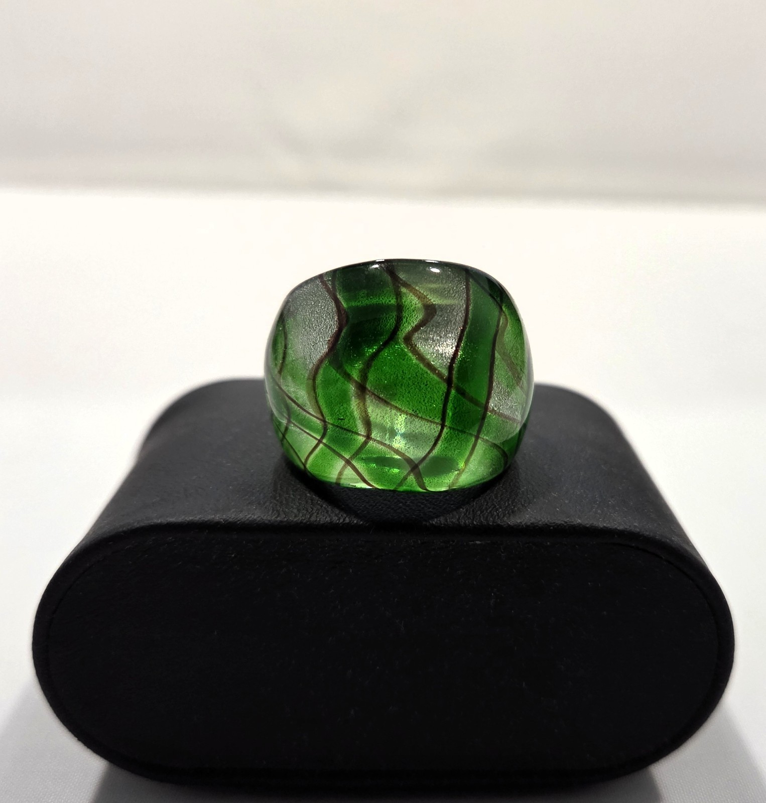 Art Deco Green & Black Loose Plaid on Silver Foil Hand Blown Glass Ring Sz 10.5