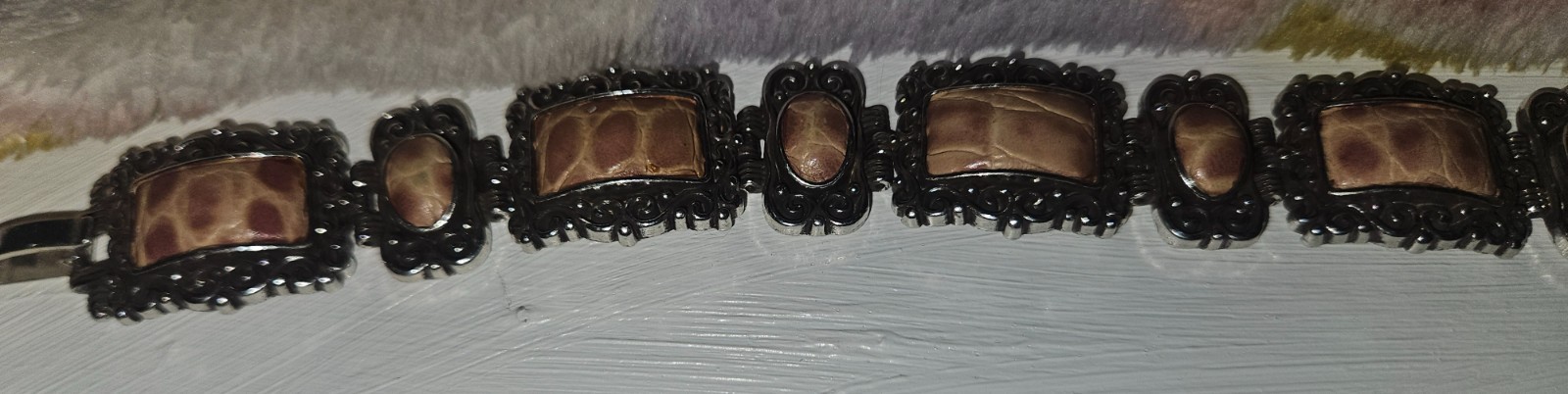 Vintage, retired Brighton “Park Avenue” pink leather inlay panel link bracelet