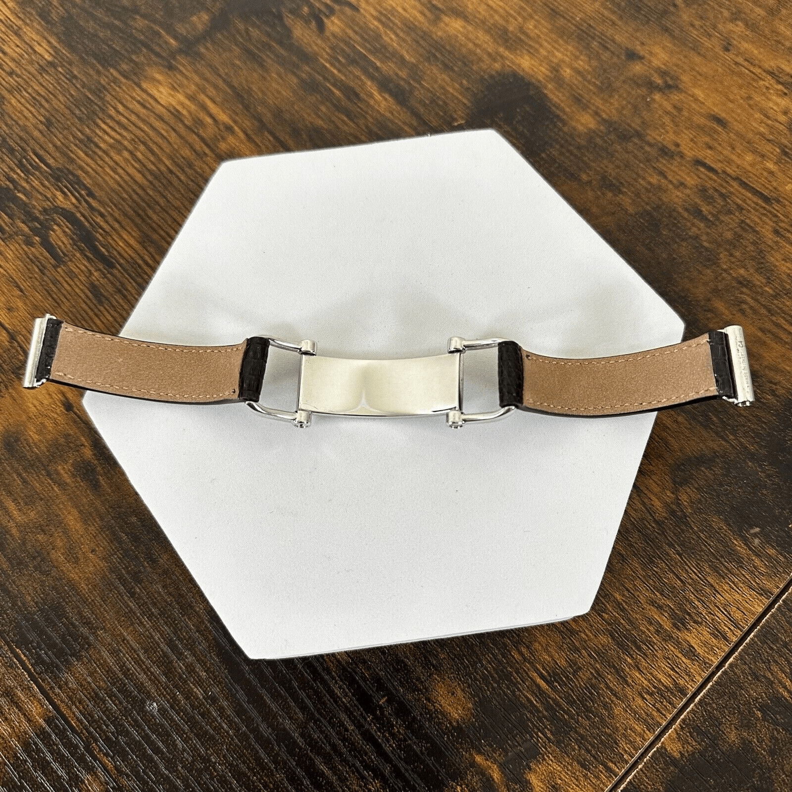 Authenticated Celine Plaque Leather Bracelet In Lizard And Brass