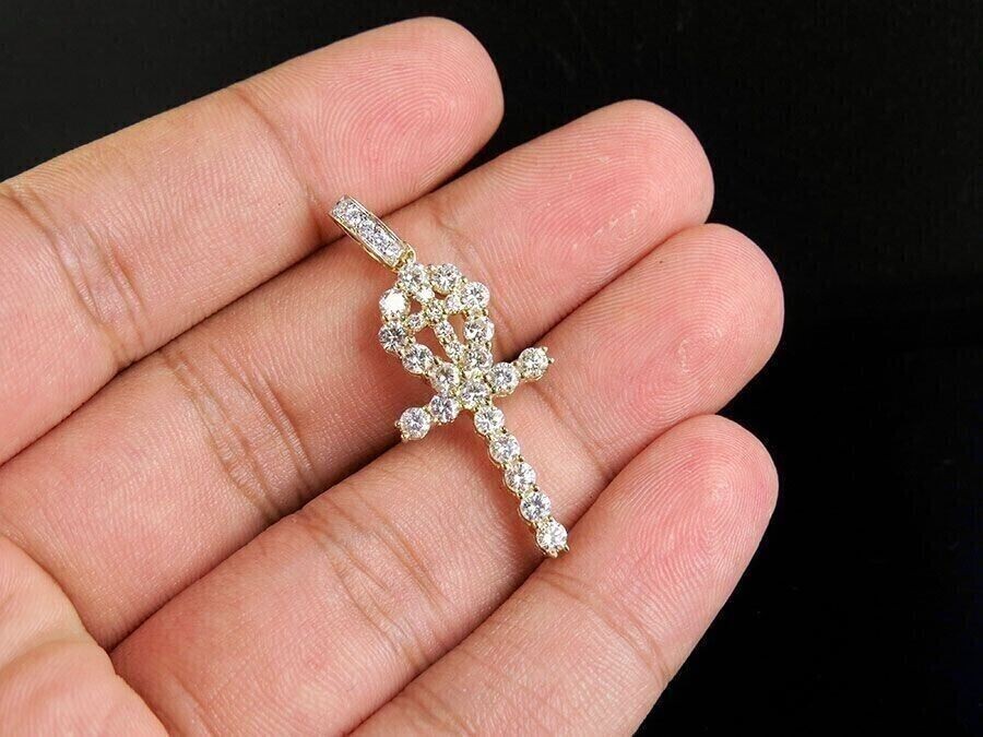 Round Cut Simulated Diamond Ankh Cross Pendant Chain In 14k Yellow Gold Plated
