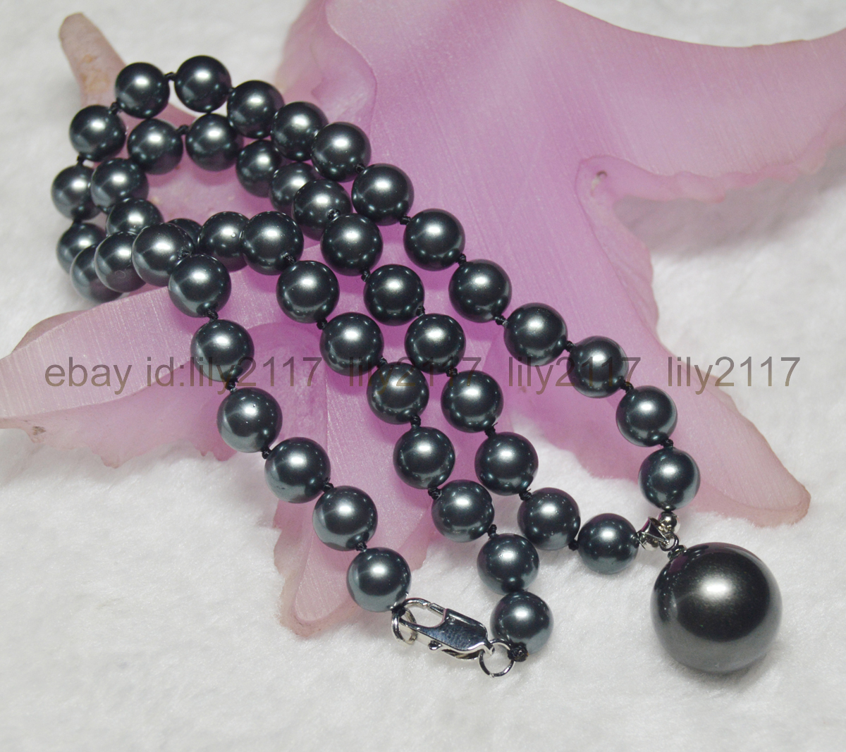 Pretty 8MM South Sea Black Shell Pearl Round Beads 16MM Pendant Necklace 18″