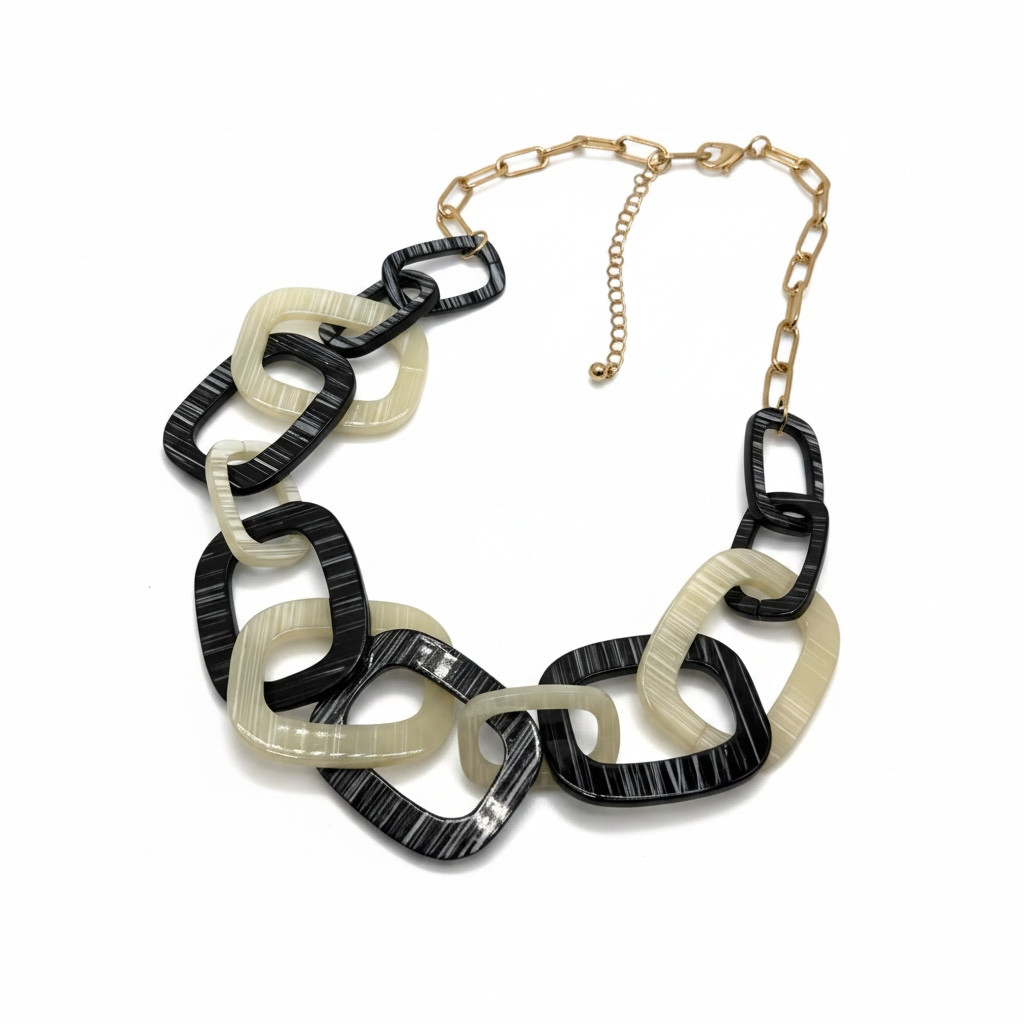 NOS Vintage Inspired Black Ivory Lucite Link Statement Necklace Gold Tone