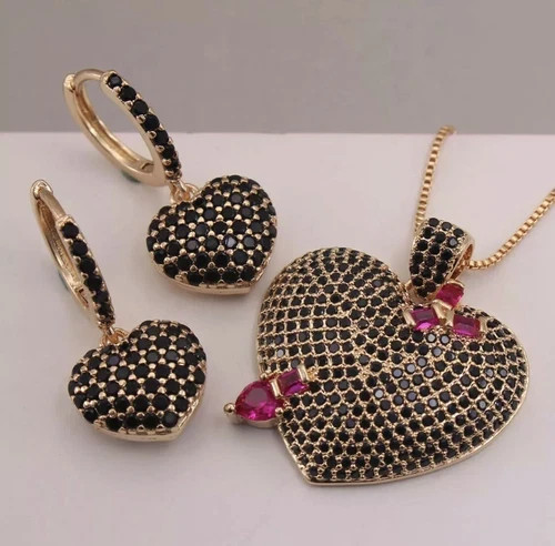 18K Gold Plated Onyx Gemstone Heart Necklace Earrings Set Elegant Valentine Gift