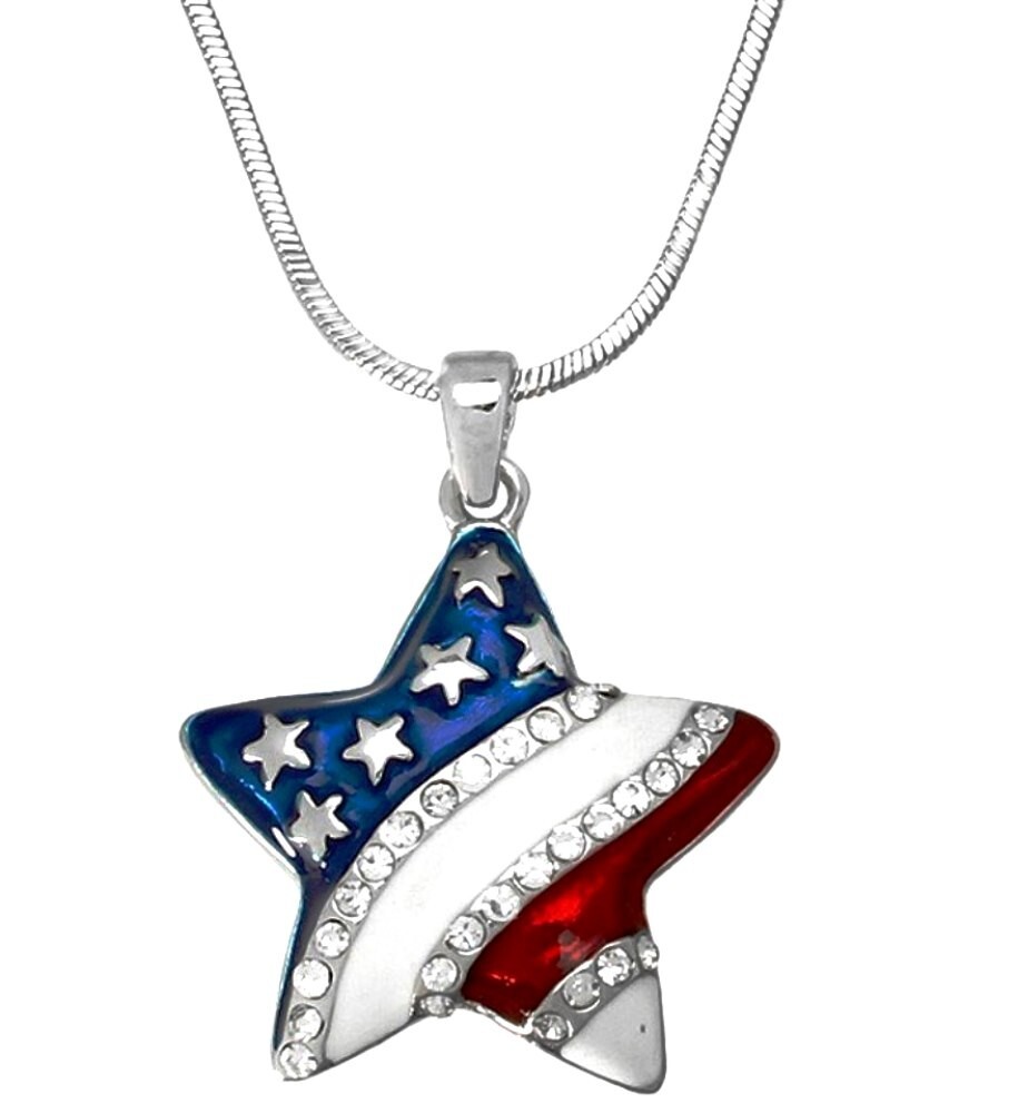 Patriotic Red White Blue American USA Flag Star Pendant Necklace 18″ Chain