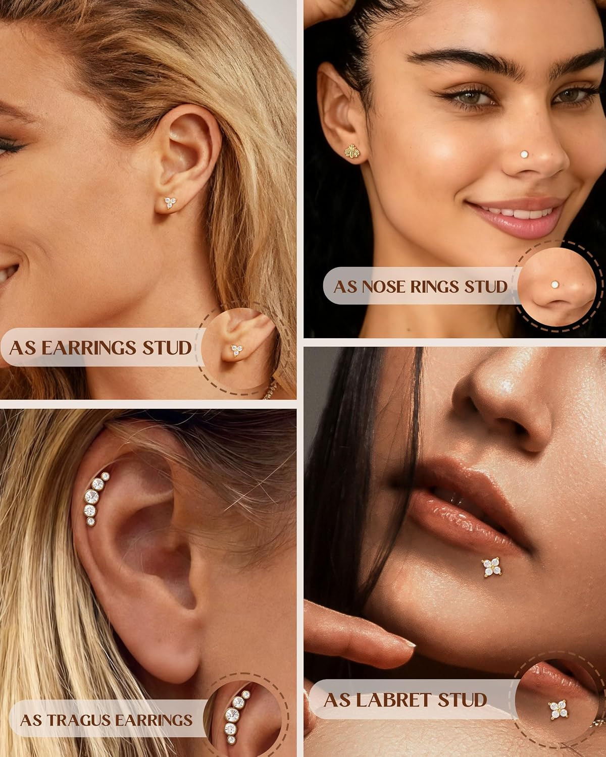 14K Gold Plated Threadless Flat Back Earrings for Women Men 316L Surgical Steel