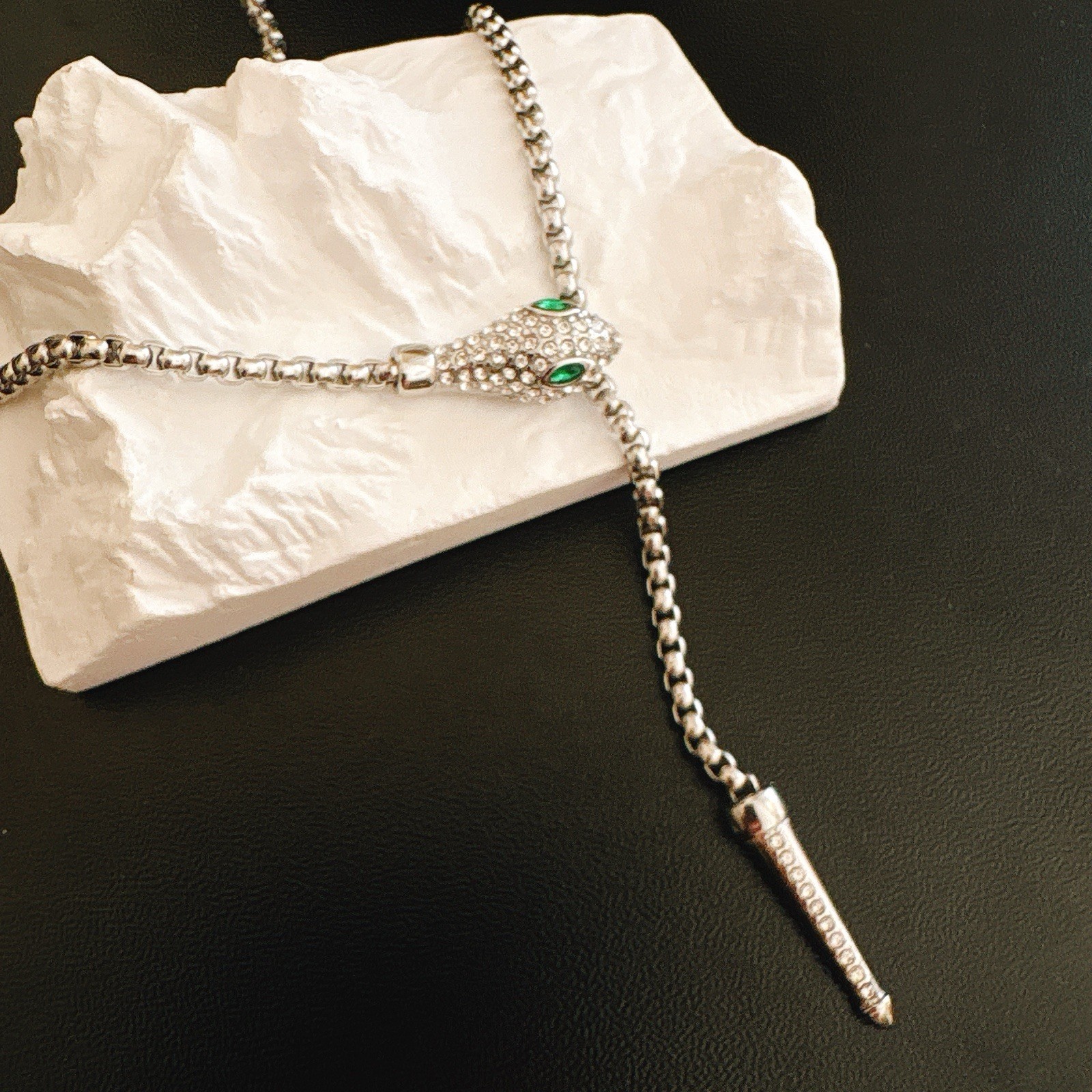 Silver Tone Snake Lariat Necklace 65cm Stainless Steel 18K White Gold Plated CZ