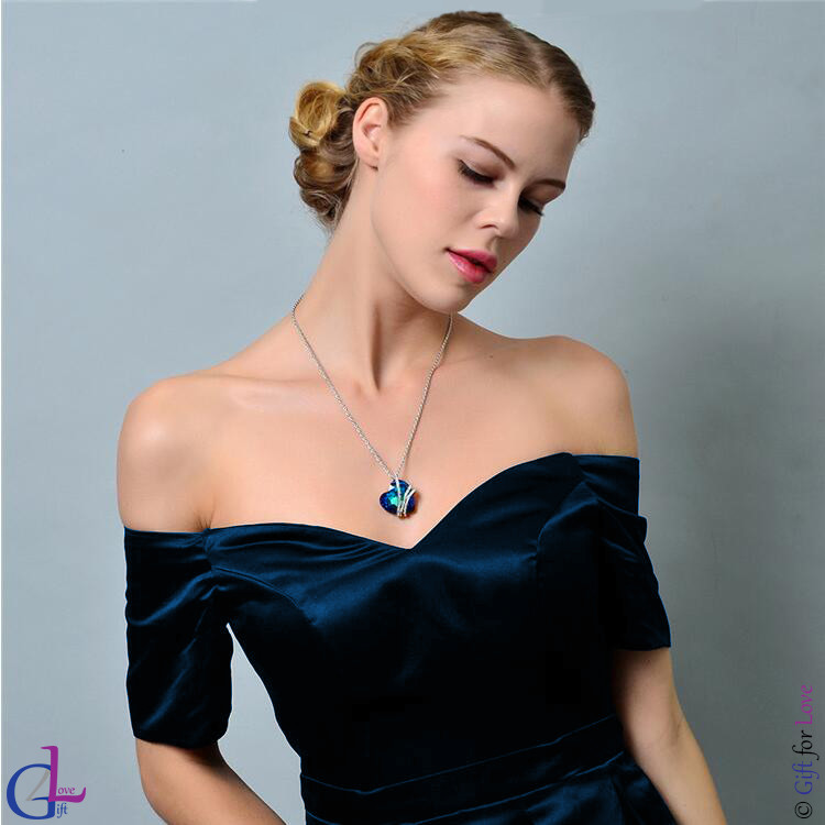 Swarovski Elements Original G4Love Crystal Blue Heart Women White Gold Necklace