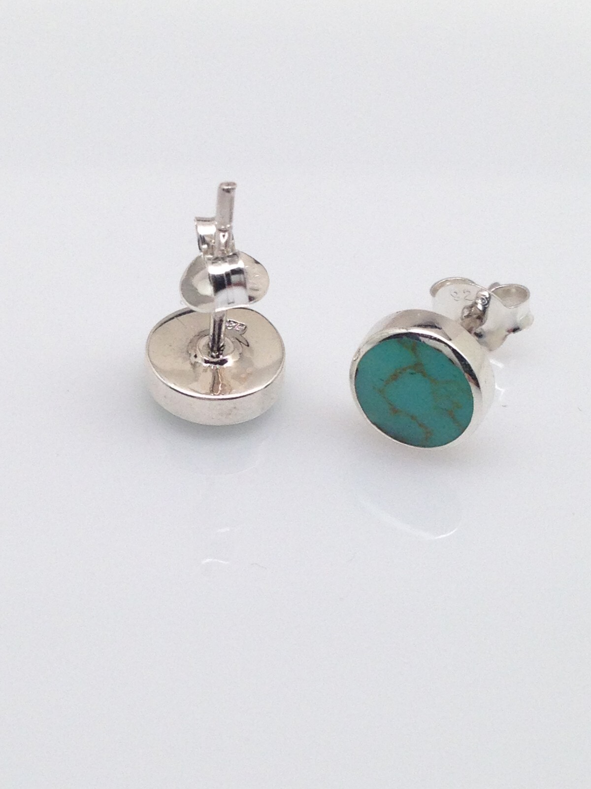 Round Turquoise Stud Earrings 925 Sterling Silver Post Small 7mm/0.28″