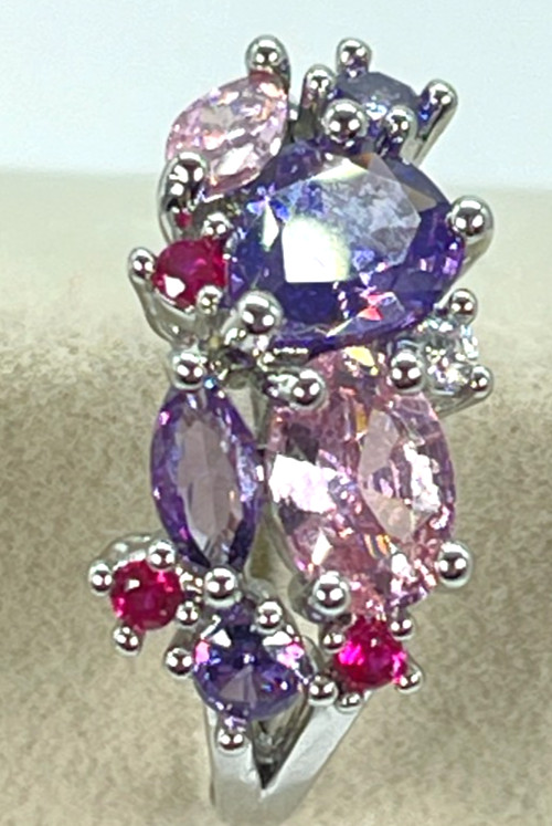 Ring Silver Tone Multicolor Cubic Zirconia Inlay Crystals Lush Prong Setting S6