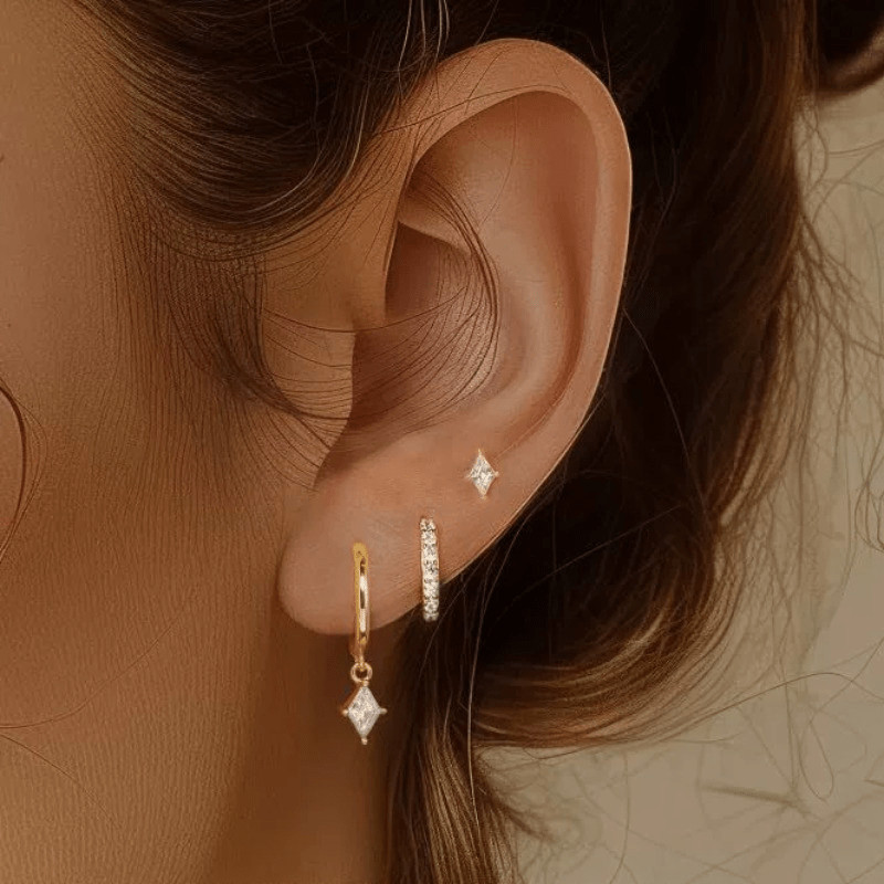 3pcs Women’s Fashion Earring Rhombus Inlaid Rhinestones Pendant Ear Buckle