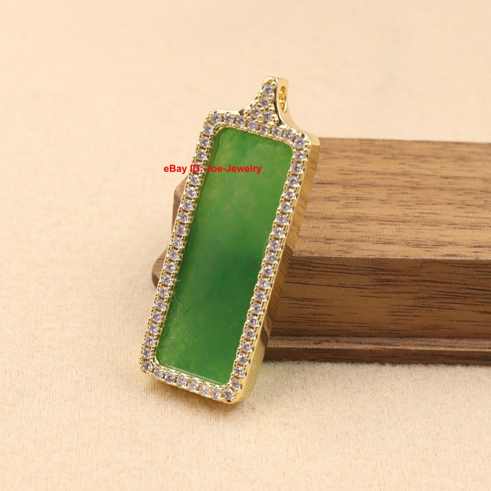 NEW Yellow GP Alloy Pendant Heated Green Jade Rectangle- Lucky Amulet Pendant