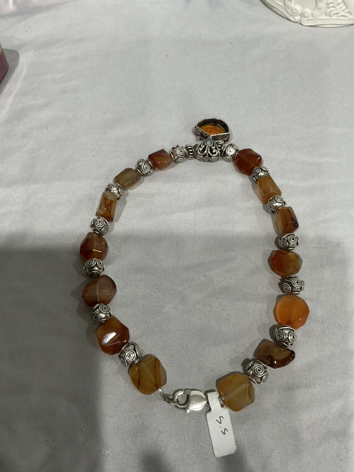 Stering silver with a large Amber stone and Agate Beads Dangle Lobster