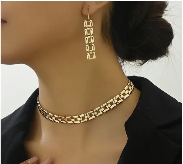 NEW WOMEN’S SQUARE LINK NECKLACE CHOKER & DANGLE DROP EARRING SET YELLOW GOLD
