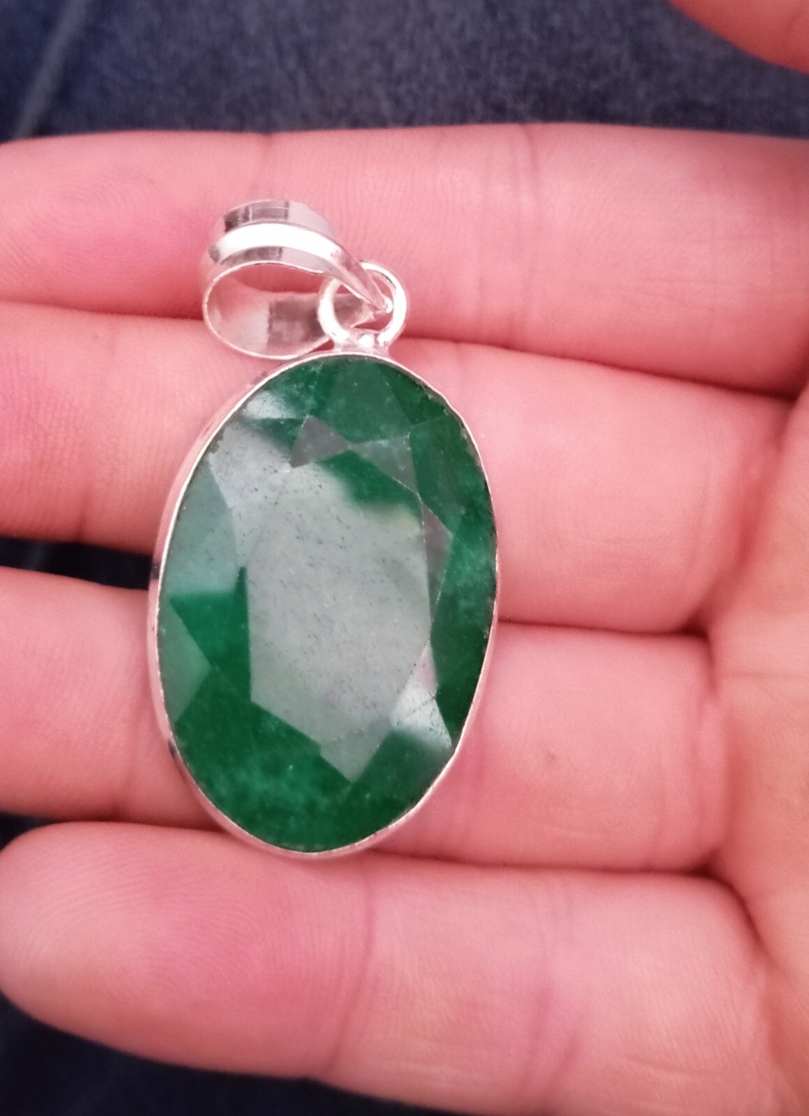 Emerald Silver Pendant 925 Sterling Silver Handmade Gemstone Pendant 1.97”