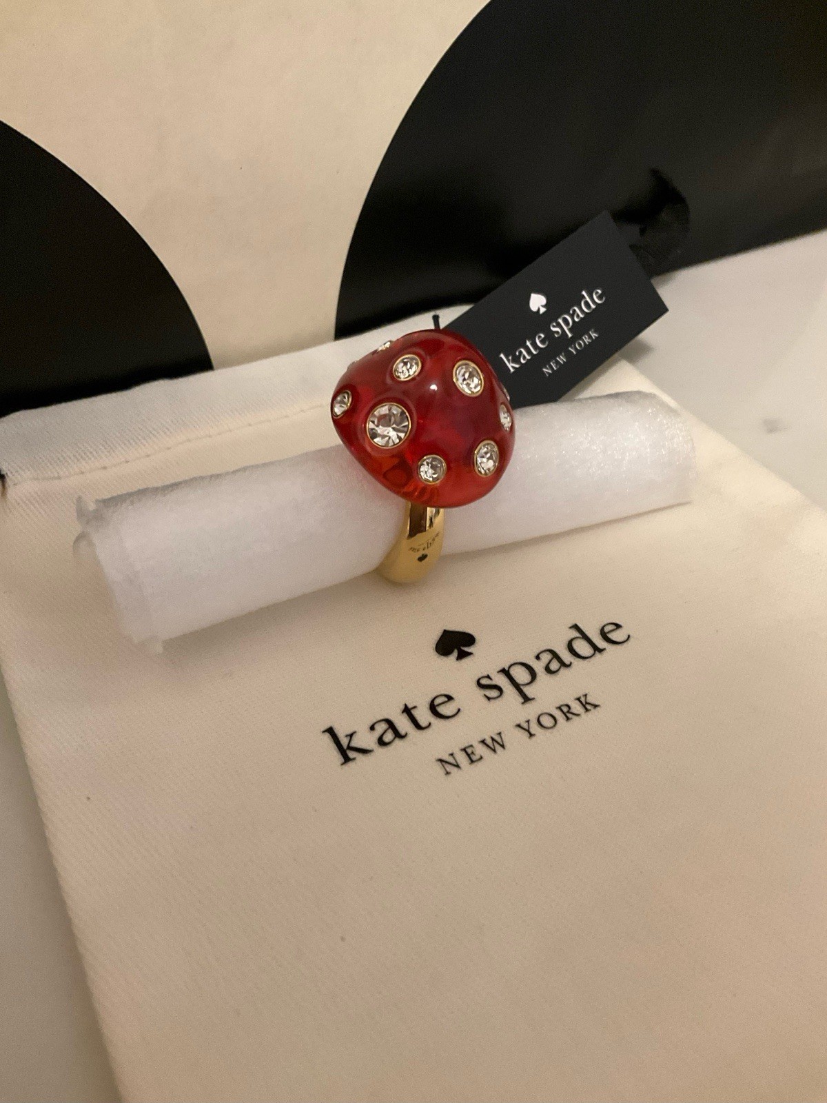 NWT Kate Spade New York Forest Pop Mushroom 12k Gold Plated CZ Crystal Ring Sz 8