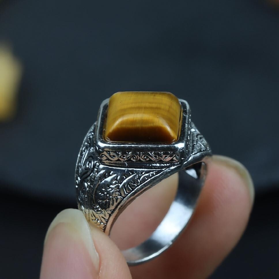 Mens Stainless Steel Silver Natural Tiger Eye Stone Ring Size 7-15 R34