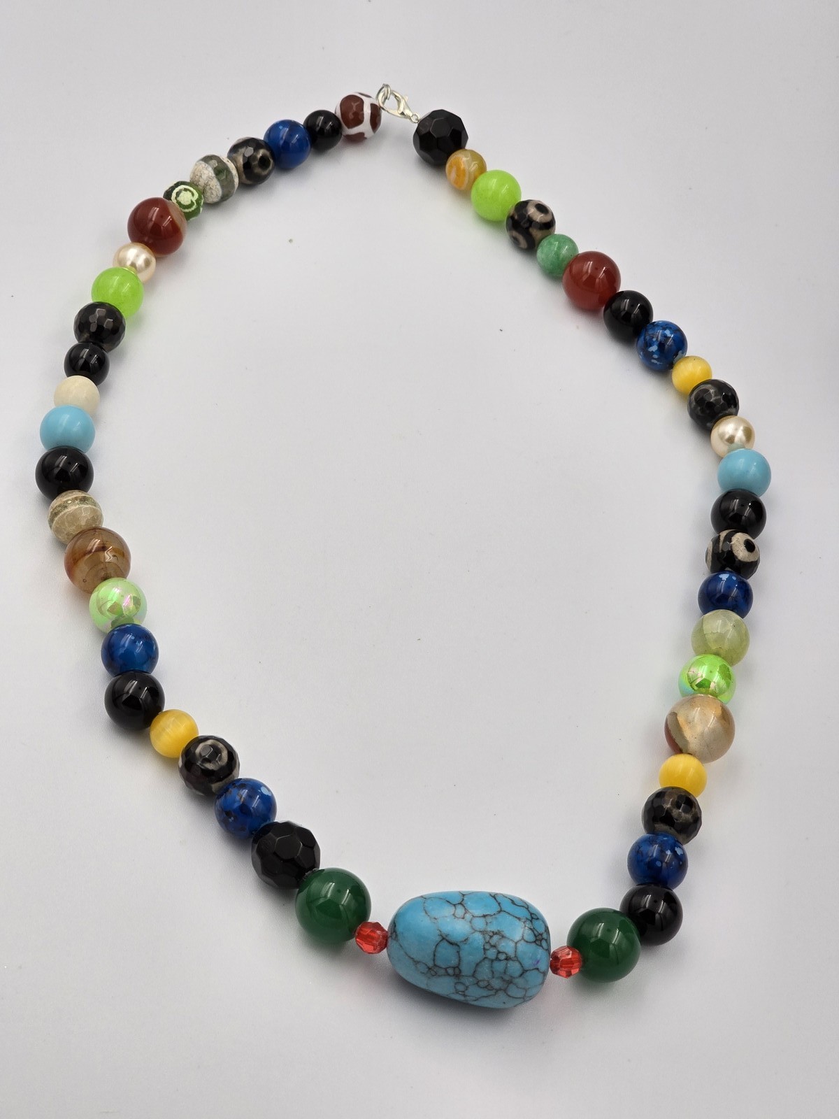 Colorful Multi Gem Stone Beaded Necklace Turquoise Style Center Bead