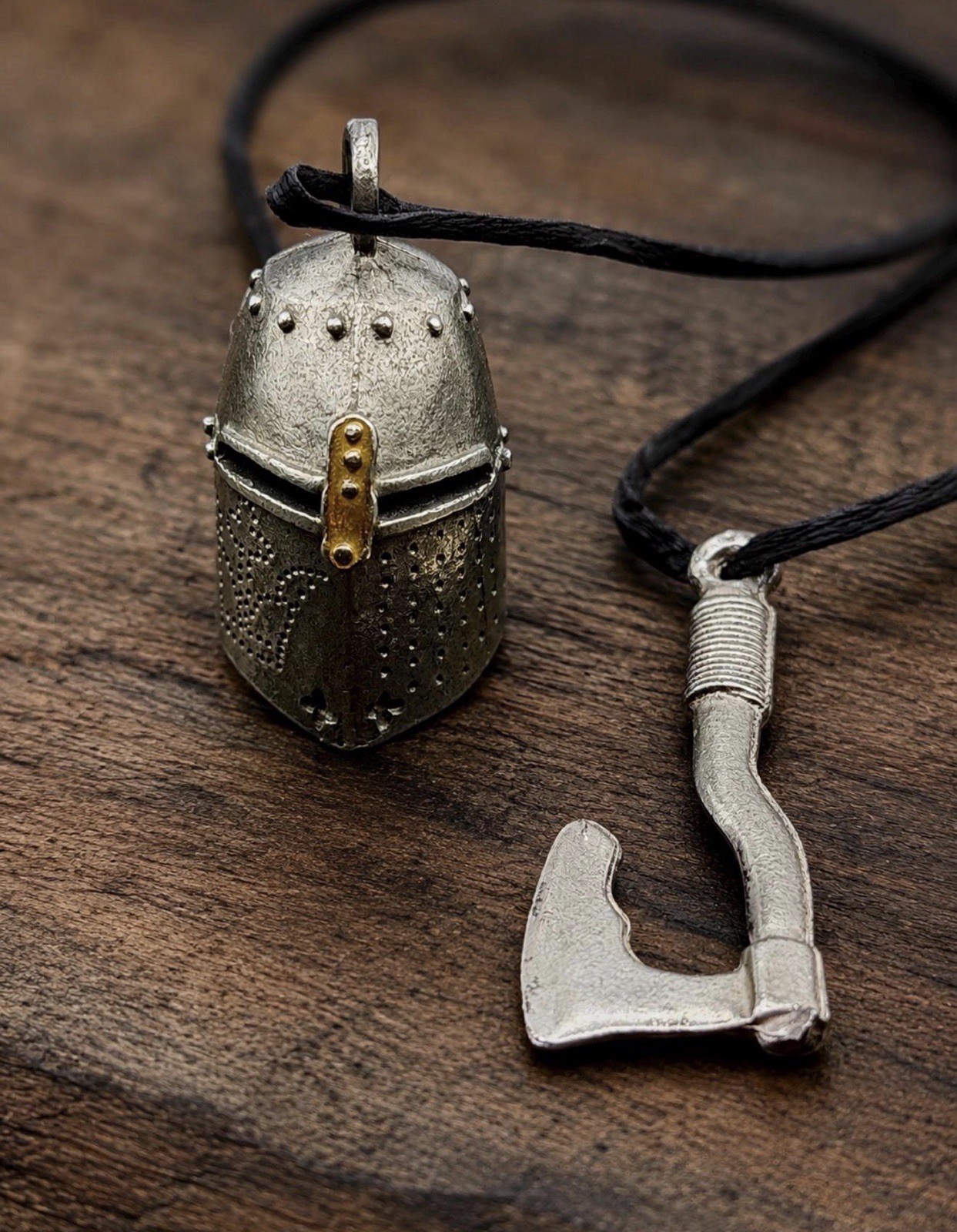Medieval Silver Tone Helmet & Axe Charm Pendant Necklace on Black Cord No Clasp