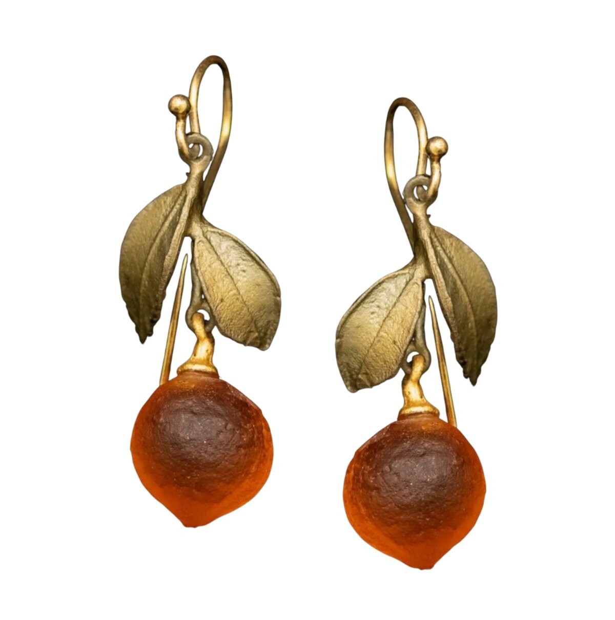 Michael Michaud Orange Leaf Earrings Drop Handcast Botanical Jewelry Nature Gift