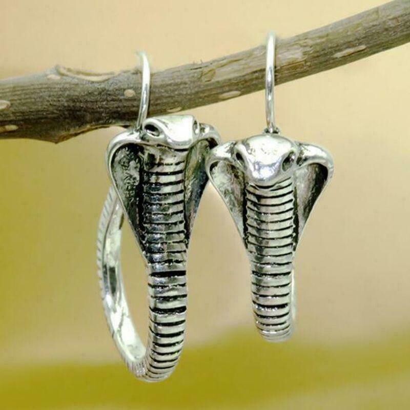 Elegant Silver King Cobra Snake Earrings, Fashion Jewelry Charm Hook Earrings