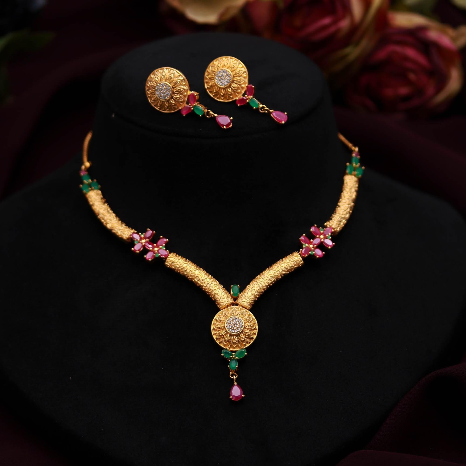 Emerald Ruby Pear Cut Necklace Earrings Set Gold Plated Bridal Wedding jewelry