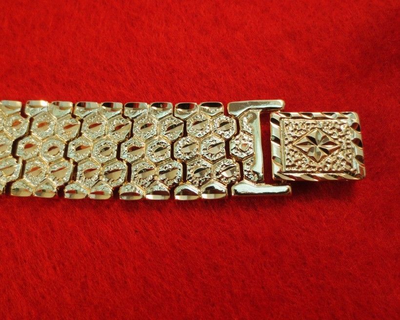 MENS 7-9″ 14KT GOLD PLATED DESIGNER ILLUSION NUGGET 3/4 INCH WIDE BRACELET N180